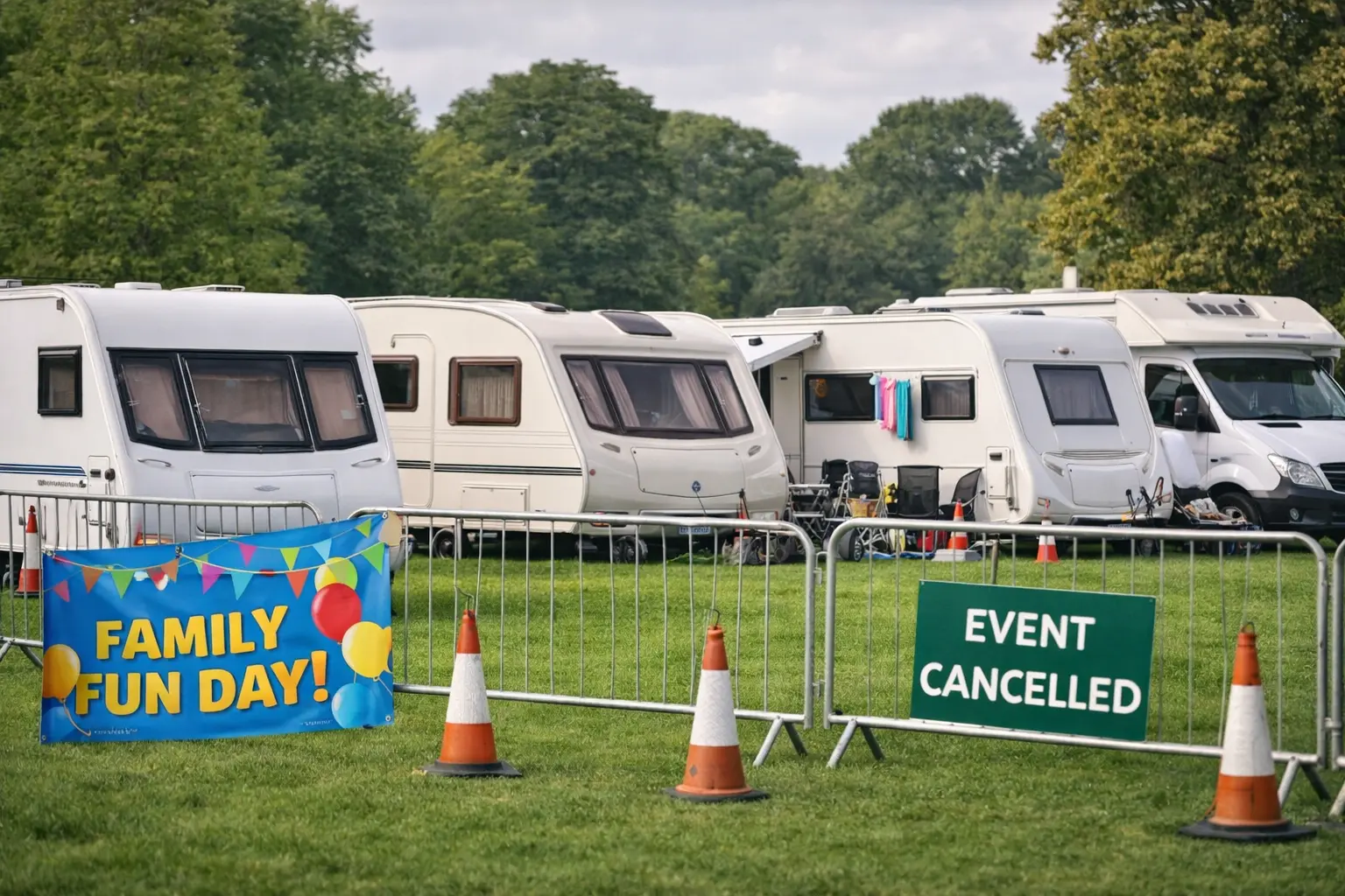Travellers: a convoy of caravans sets up in the middle of a popular family park, events on site cancelled